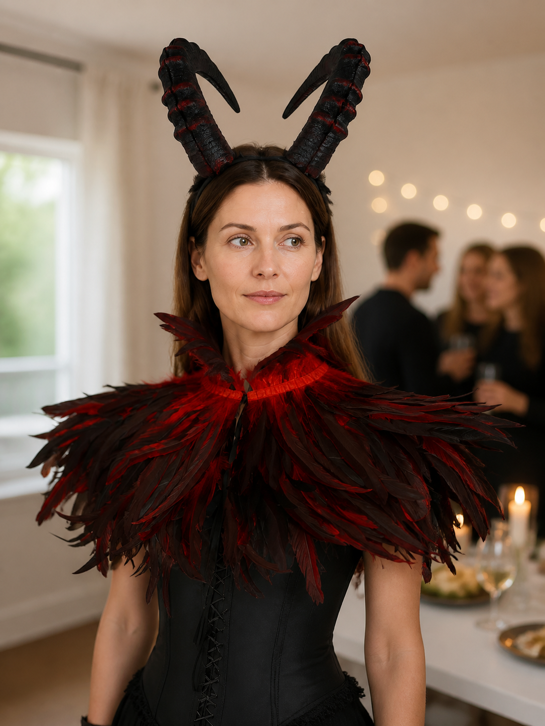 Horned headpiece with black and red textured horns, shown on a model with a layered dark feather collar in a party setting