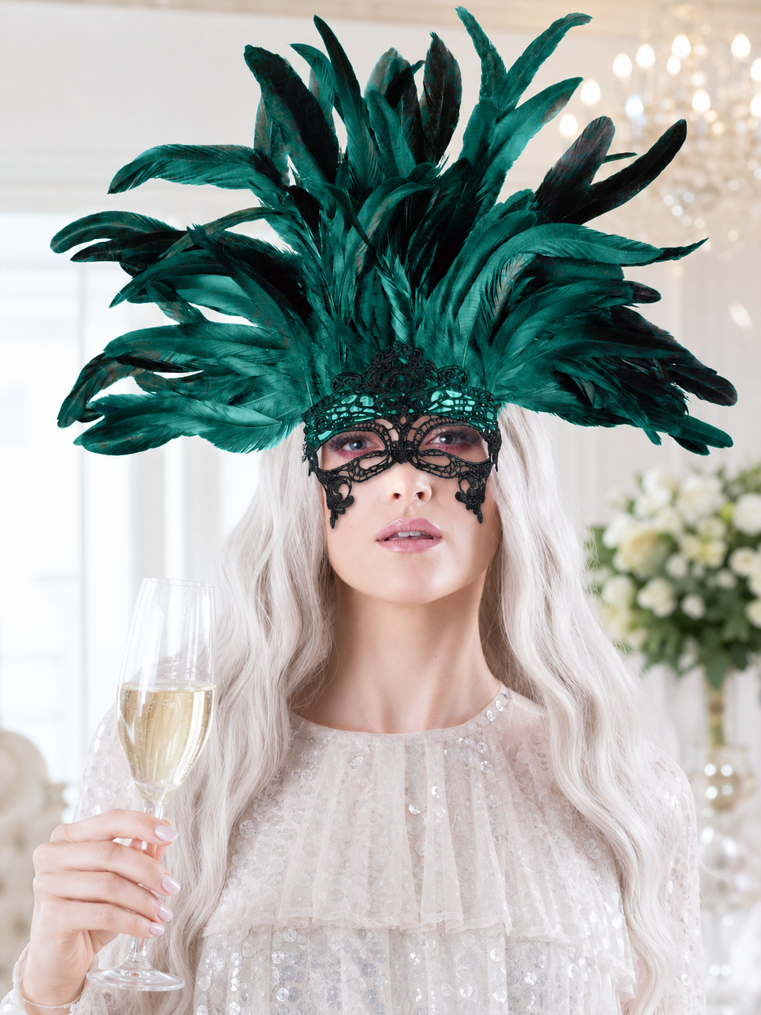 1pc Green Feather Headpiece With Black Lace Eye Mask, Exaggerated Party Style lifestyle view