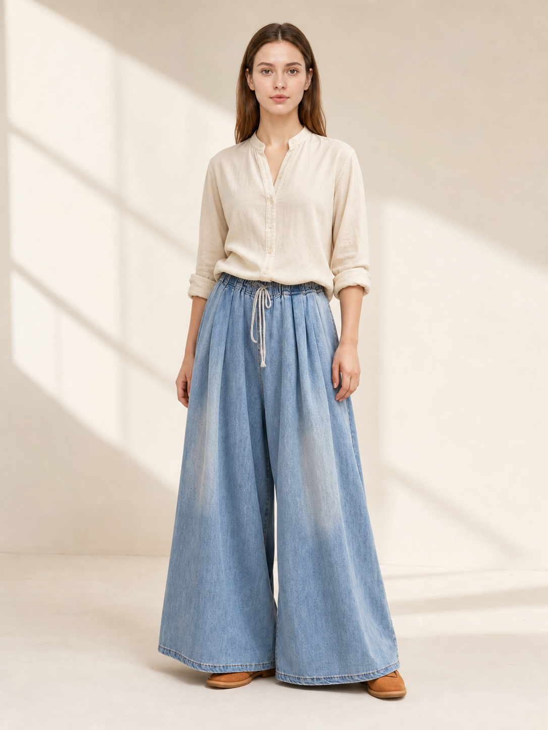 Light Blue Wide-Leg Jeans with Drawstring