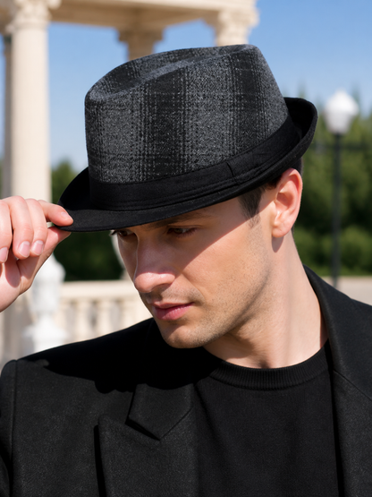 Men’s gray plaid carnival fedora hat