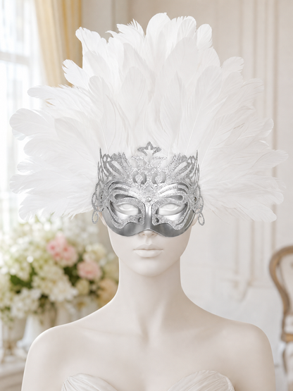 White feather silver masquerade mask product view 37