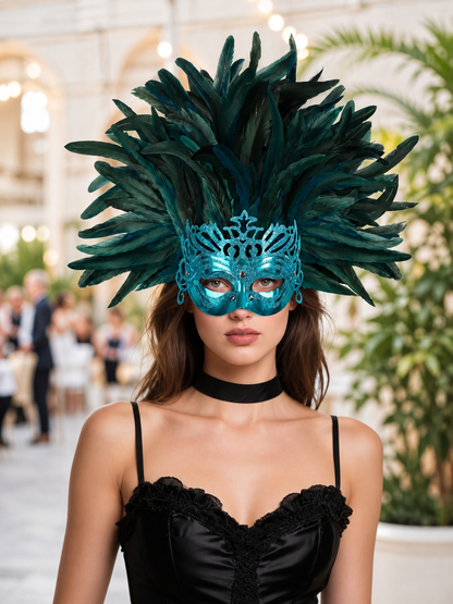 Carnival feathered headpiece with mask