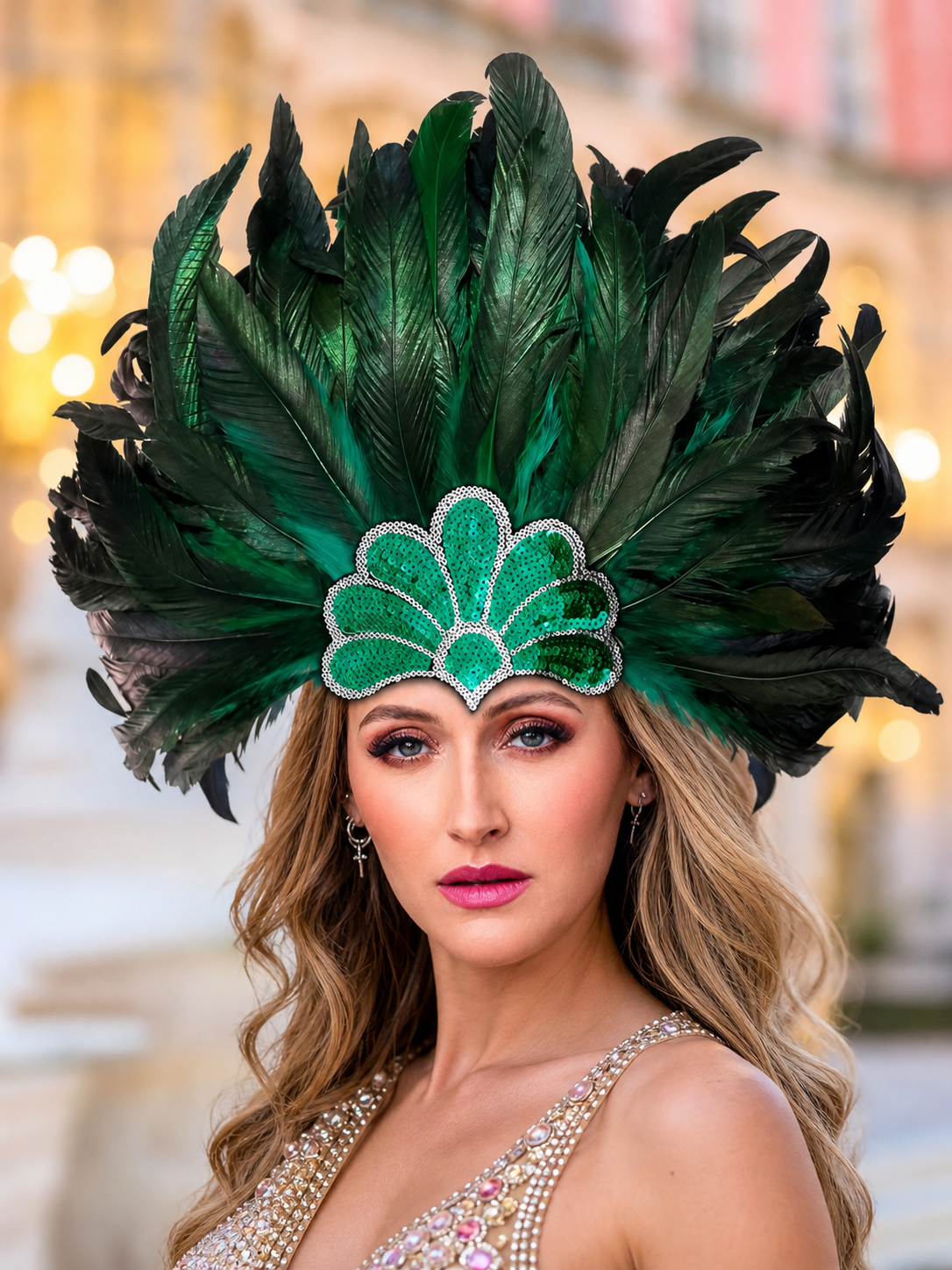 Carnival Headpiece with Green Feathers