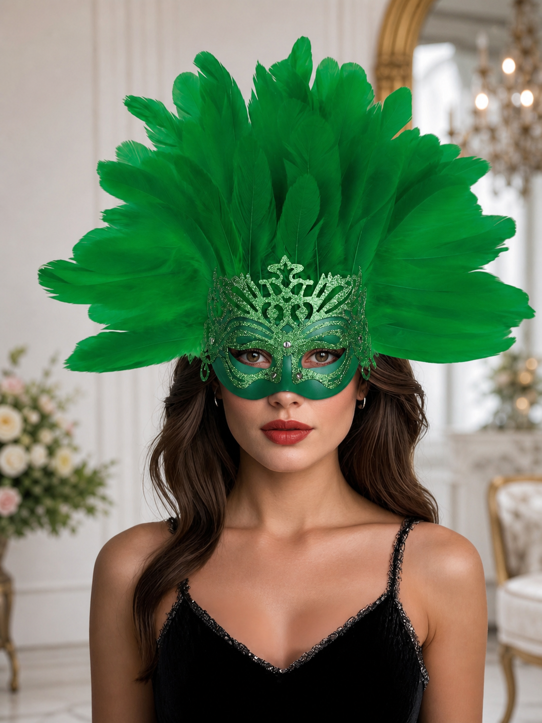 Feathered Headpiece with Mask for Masquerade
