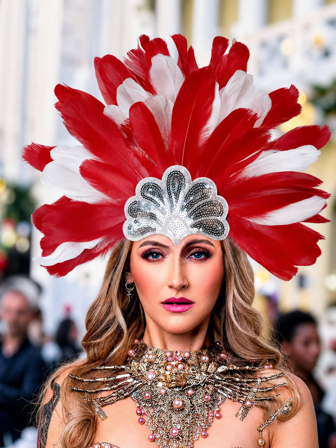 Carnival Headpiece with Red and White Feathers