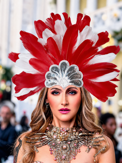Carnival Headpiece with Red and White Feathers