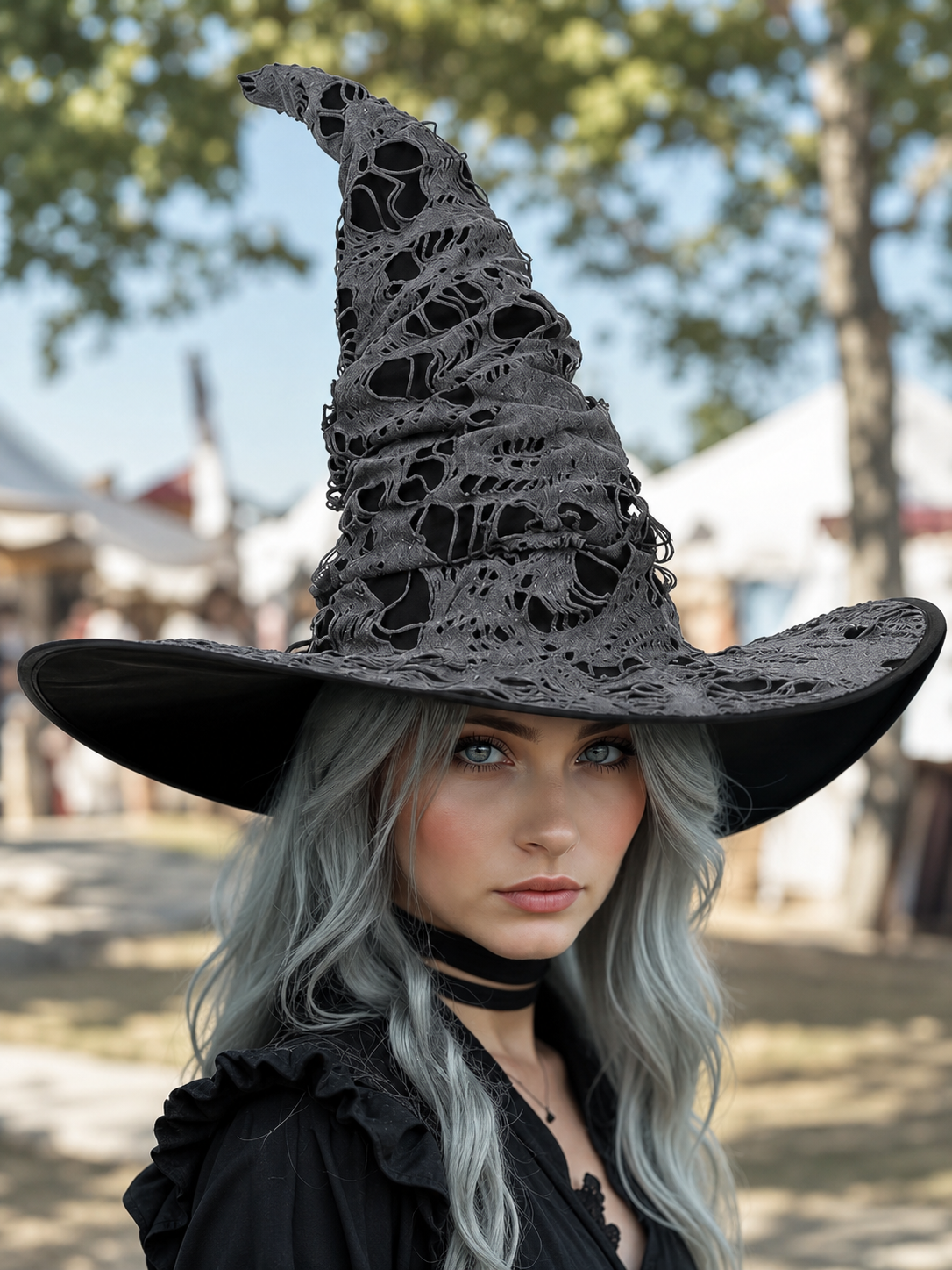 Gray Black Halloween Witch Hat For Women Wide Brim Curved Pointed Tattered Torn