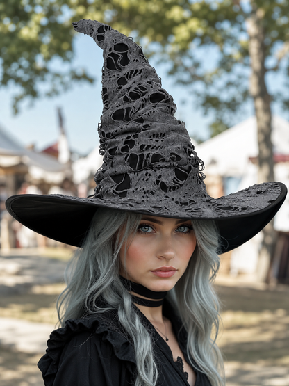Gray Black Halloween Witch Hat For Women Wide Brim Curved Pointed Tattered Torn