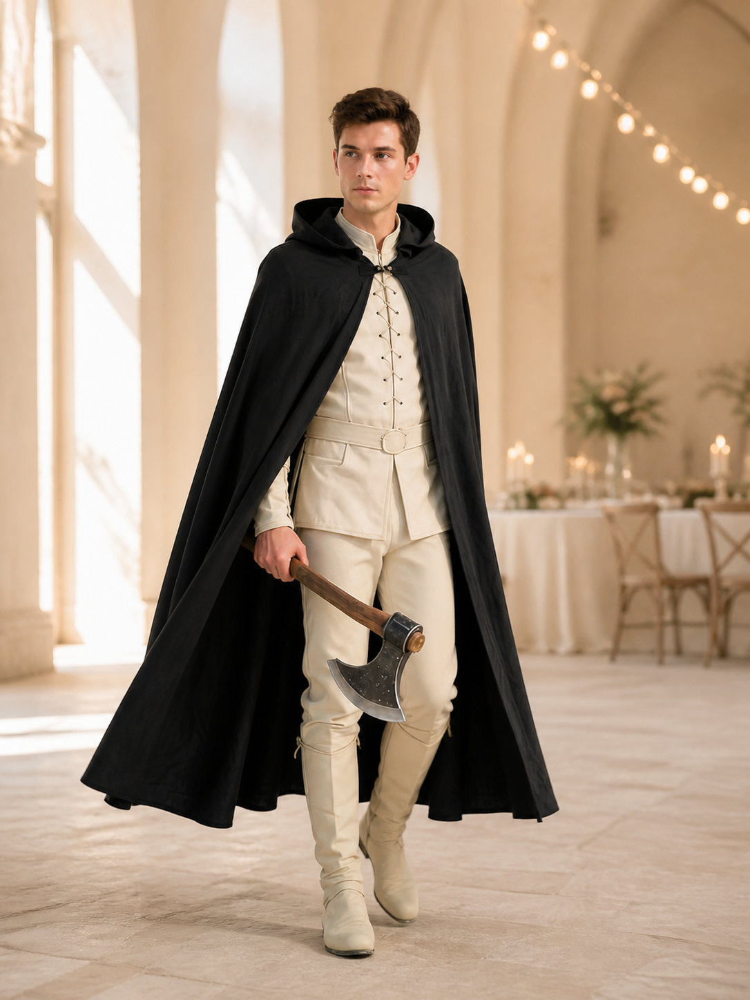 Black Long Hooded Cotton-Linen Cloak lifestyle view 4