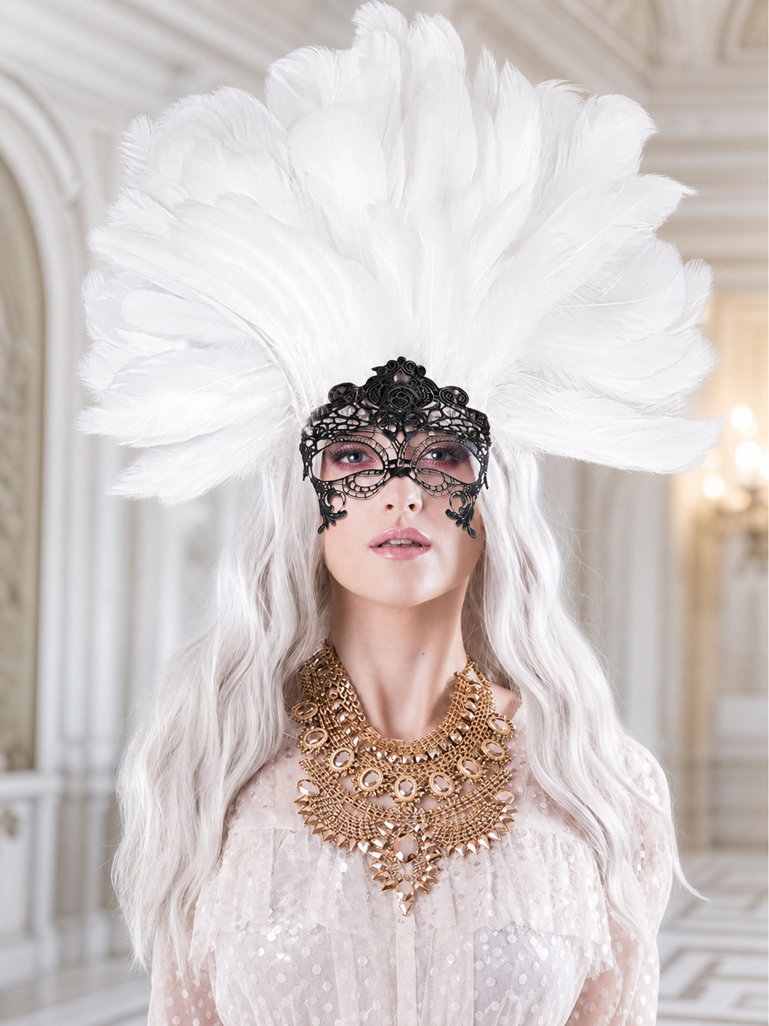 Masquerade Lace Eye Mask with White Feathers