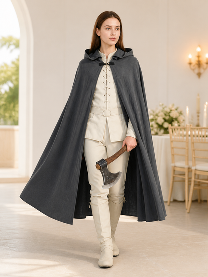 Adult Fantasy Hooded Cape, Long Dark Gray Cloak With Front Tie Closure, Wide lifestyle view 3