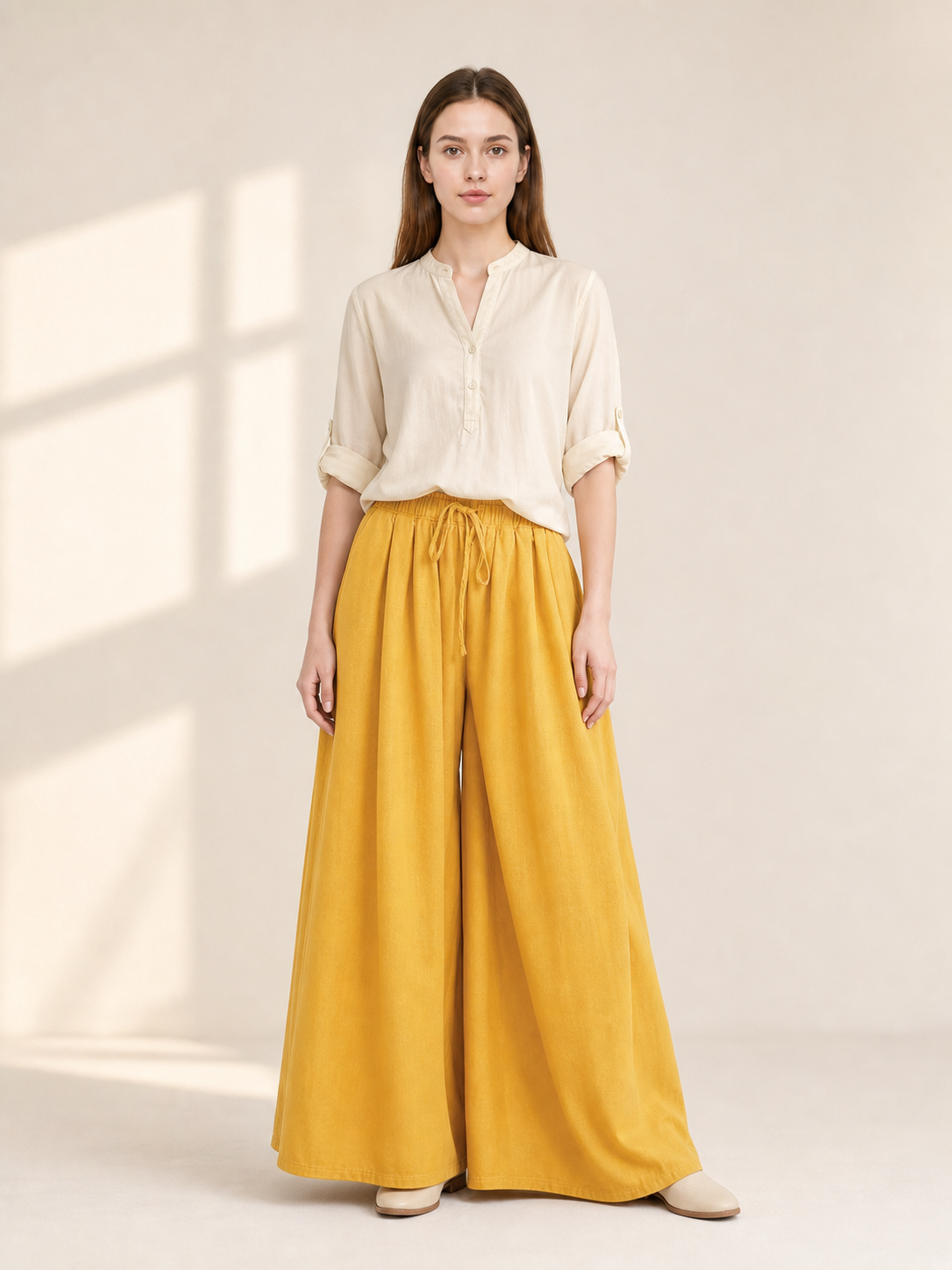 Wide-Leg Yellow High-Waisted Pants with Drawstring