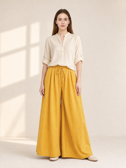 Wide-Leg Yellow High-Waisted Pants with Drawstring