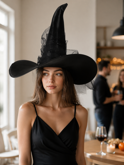 1pc Black Halloween Witch Hat Wide Brim Tall Pointed Wizard Cap with Mesh lifestyle view 3