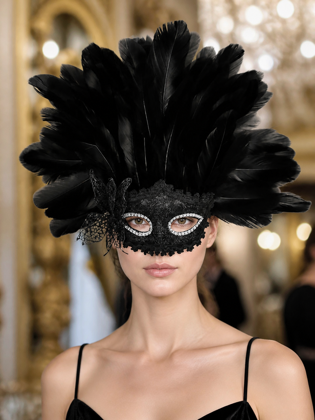 Carnival Mask with Black Feathers and Glitter