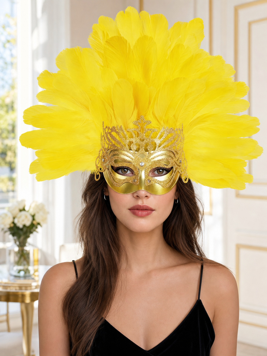 Carnival Headpiece with Feathers and Gold Decoration