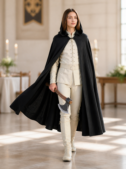 Black Long Hooded Cotton-Linen Cloak lifestyle view 5