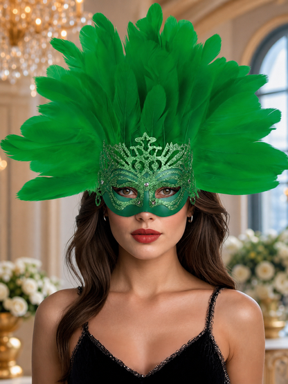 1pc Green Feather Mask, Large Feather Fan Shape, Cutout Eye Design, Elegant lifestyle view 2