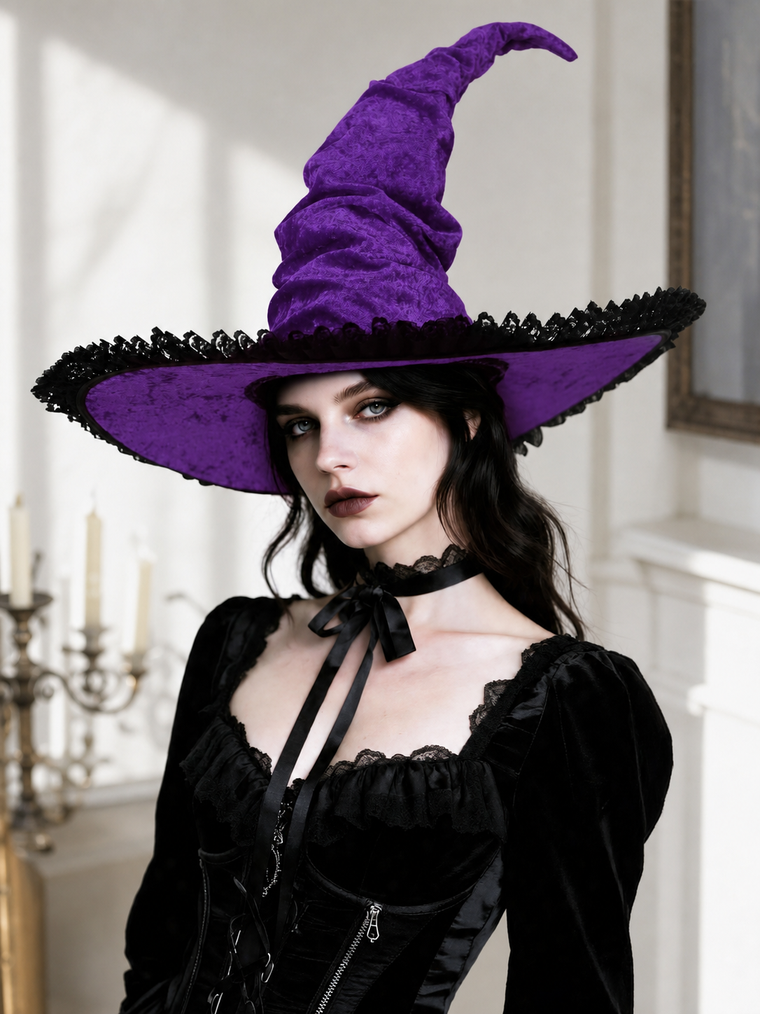 Halloween Witch Hat, Tall Curved Pointed Crown, Wide Irregular Brim, Deep Purple Gothic Style with Black Trim for Cosplay and Themed Parties