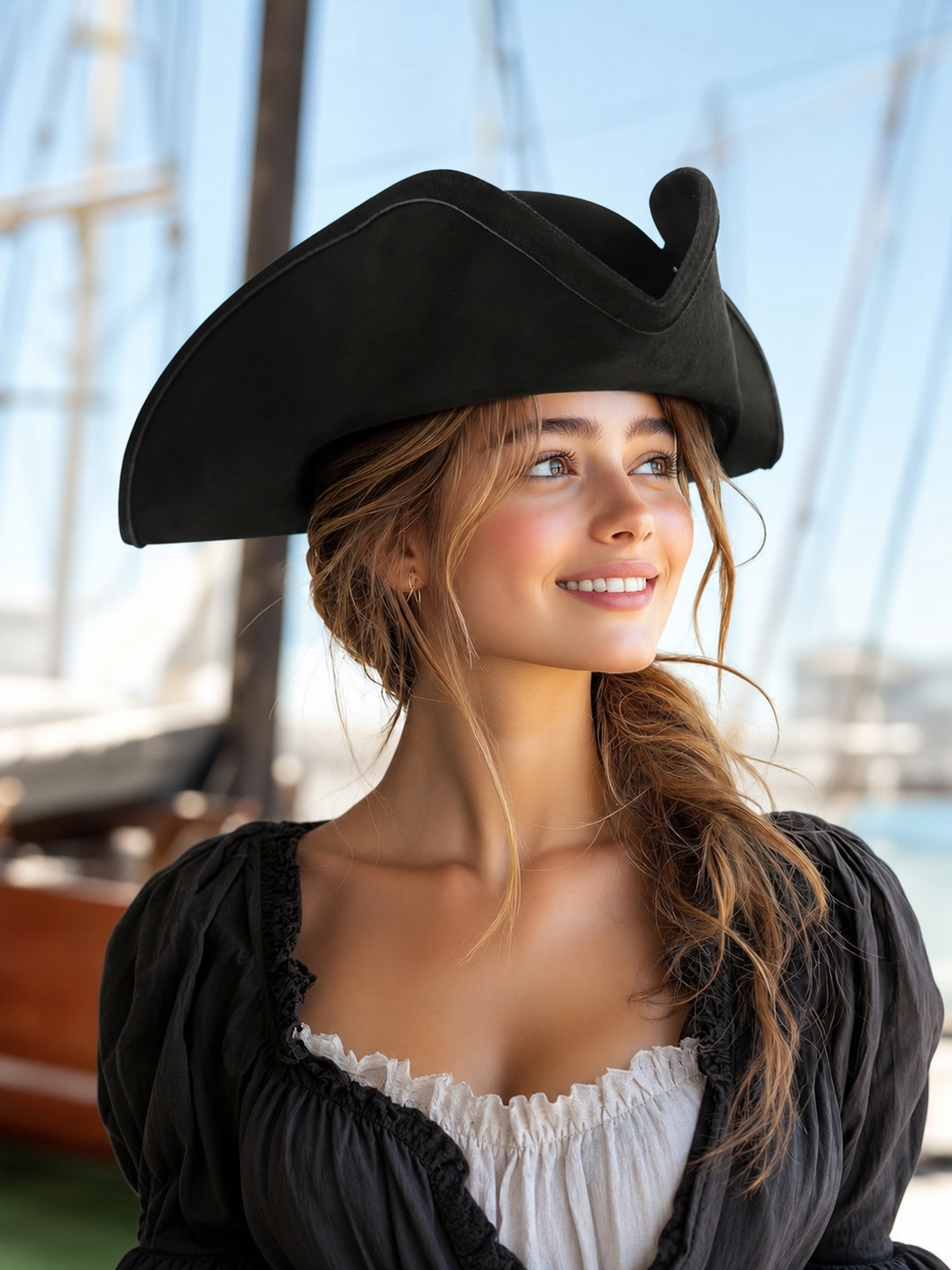 1pc Black Pirate Hat, Women's Three-Cornered Tricorn Costume Cap with Wide Curved Brim and Structured Crown for Cosplay, Halloween Parties and Themed Events