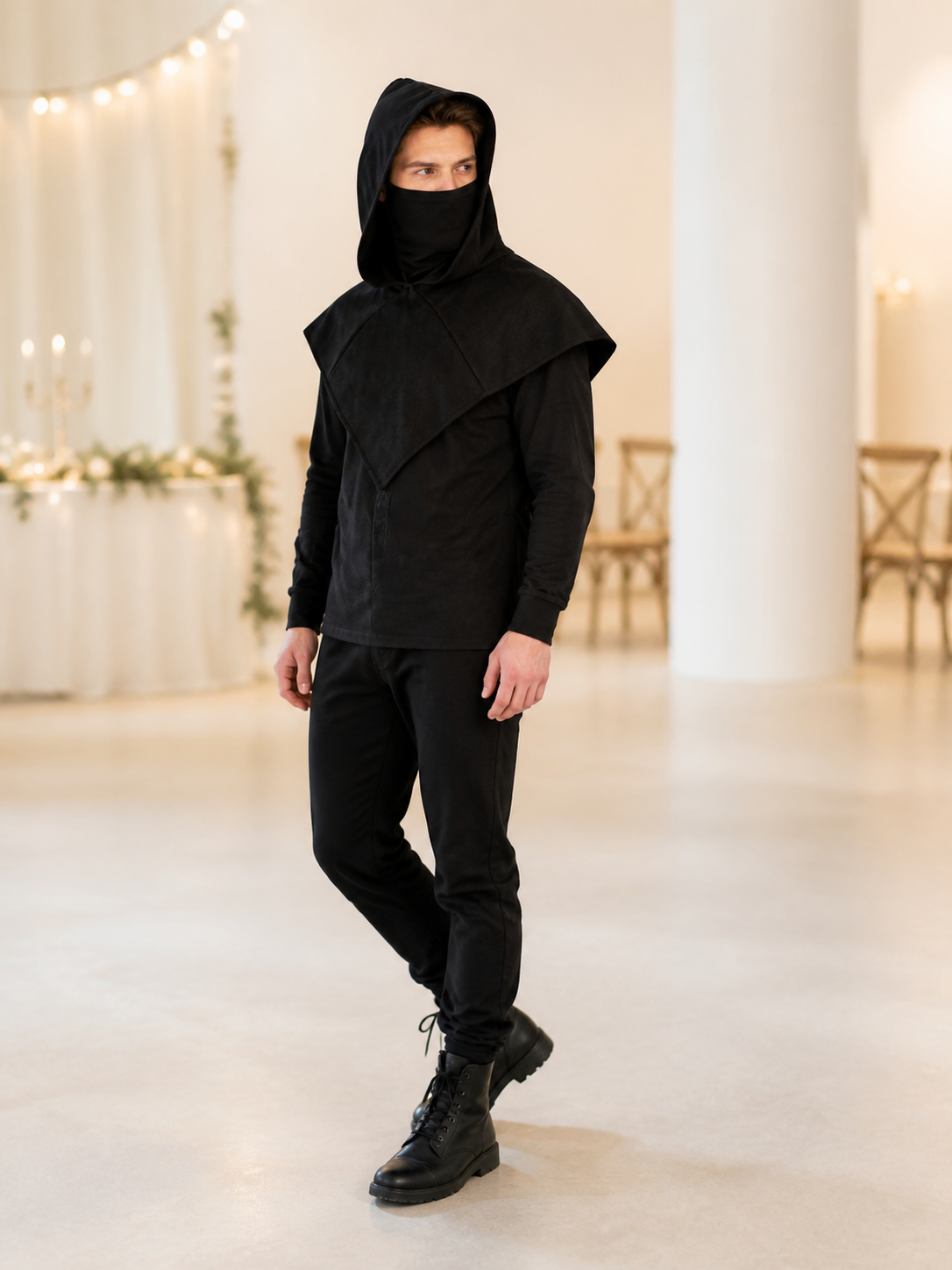 Black Carnival Cloak with Hood and Mask lifestyle view