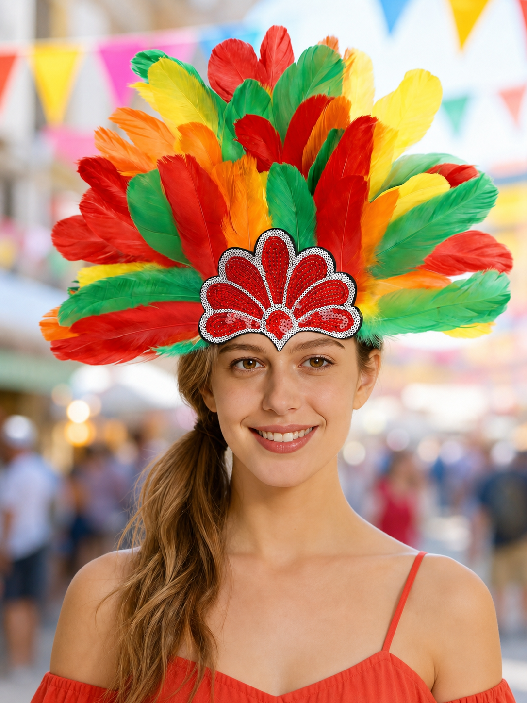 Carnival Headpiece with Multicolored Feathers lifestyle view 3