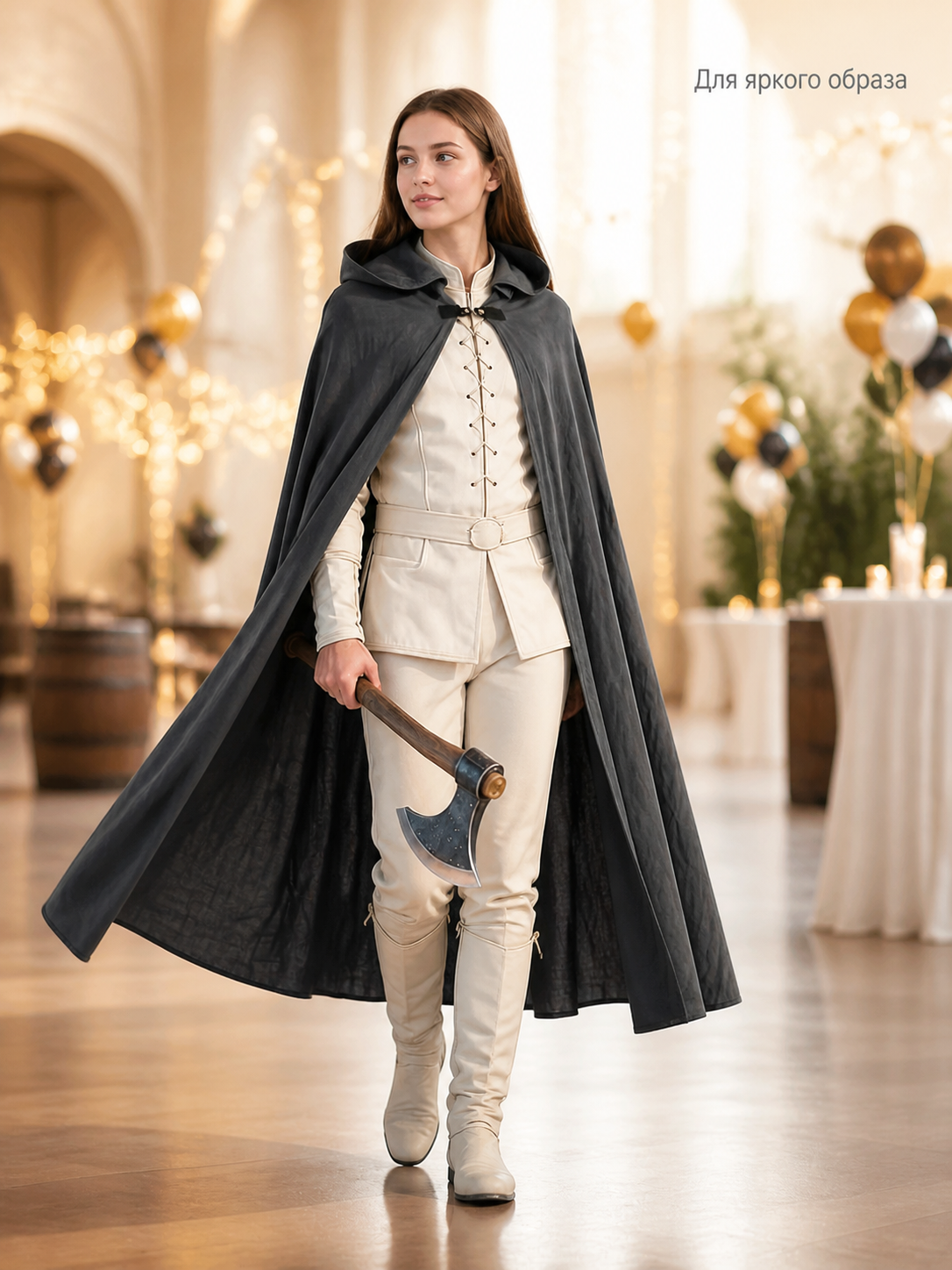 Adult Fantasy Hooded Cape, Long Dark Gray Cloak With Front Tie Closure, Wide lifestyle view 4
