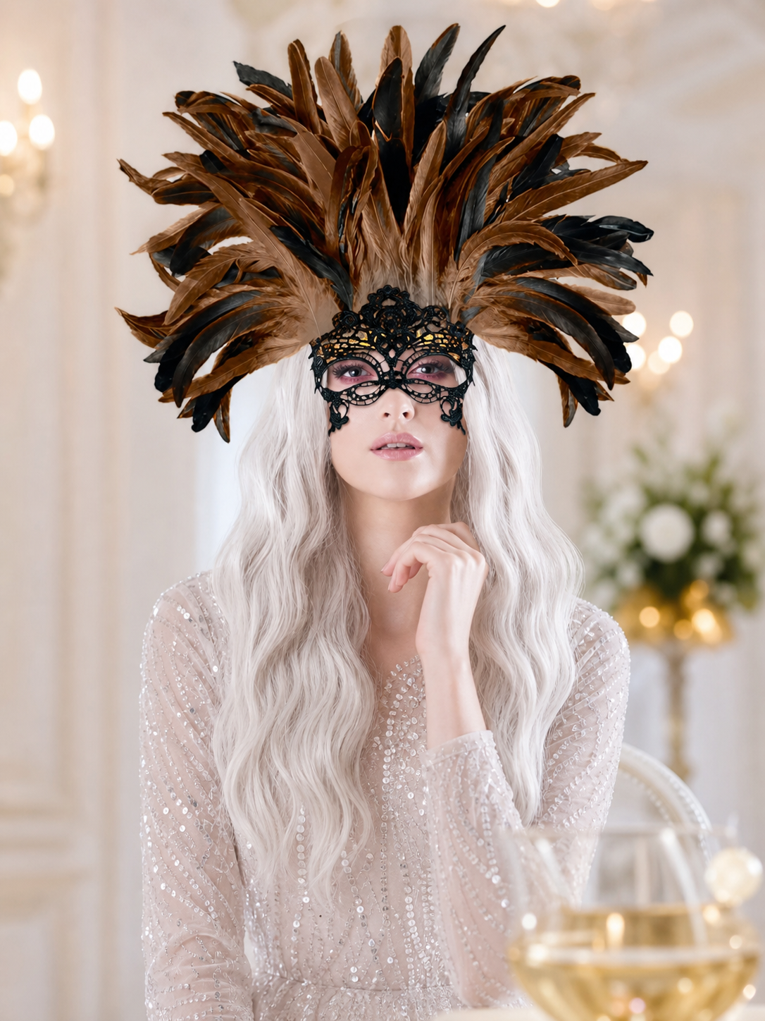Brown and black feathered headpiece with a black lace eye mask, shown on a seated model in a softly lit interior