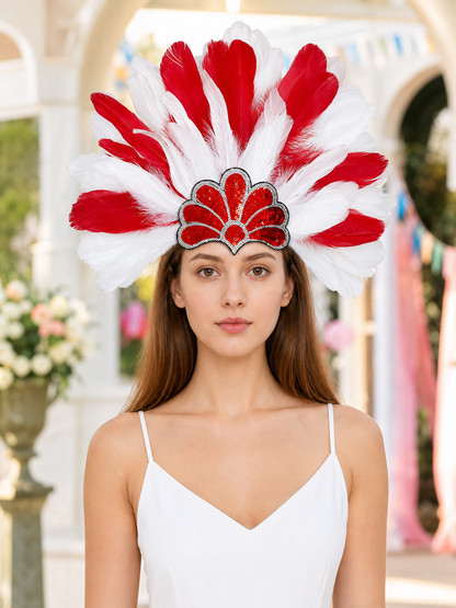 Carnival headpiece with red and white feathers