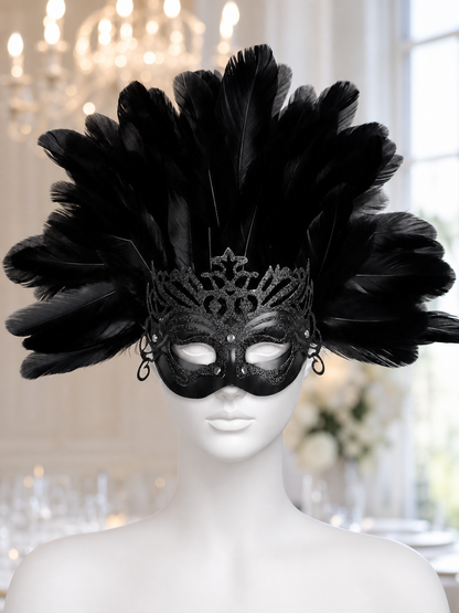 Carnival headpiece with black feathers and a mask