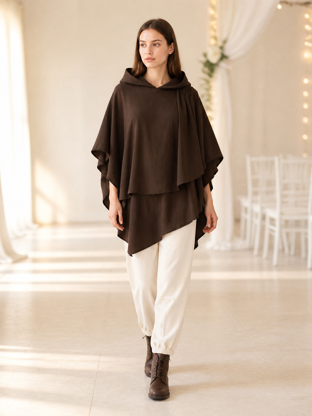 Women's Hooded Wanderer Cloak Costume with Layered Hem, Shoulder Draped Pleats lifestyle view 5