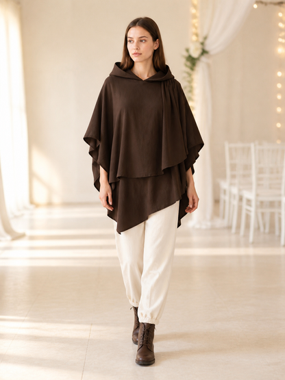 Women's Hooded Wanderer Cloak Costume with Layered Hem, Shoulder Draped Pleats lifestyle view 5
