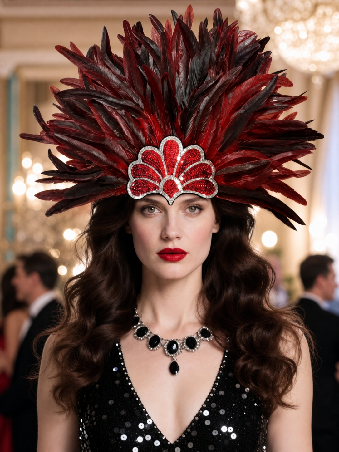 Carnival headpiece with red feathers