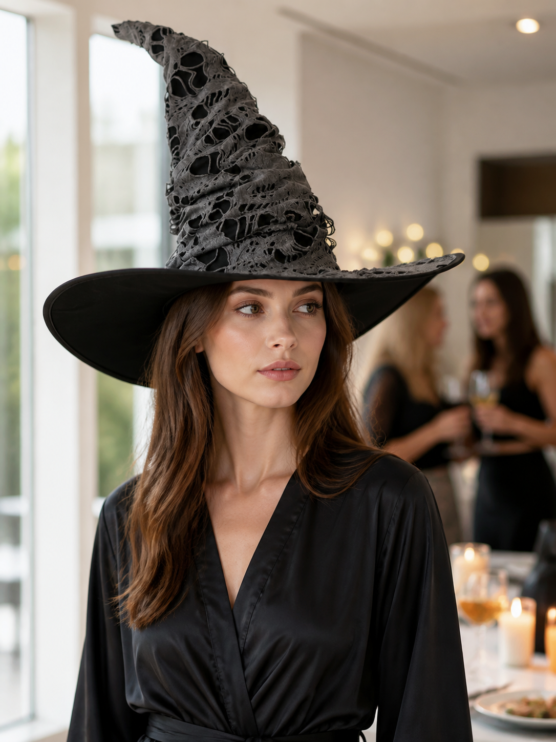 Gray Black Halloween Witch Hat For Women Wide Brim Curved Pointed Tattered Torn lifestyle view 4