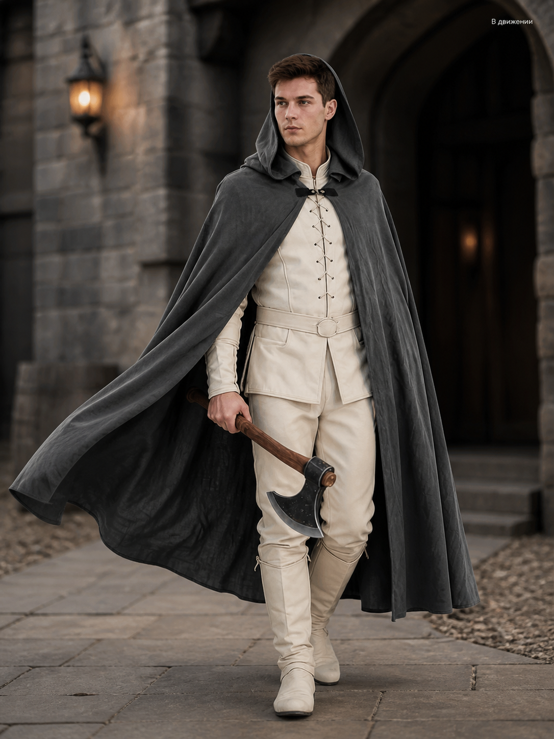 Adult Fantasy Hooded Cape, Long Dark Gray Cloak With Front Tie Closure, Wide lifestyle view 5