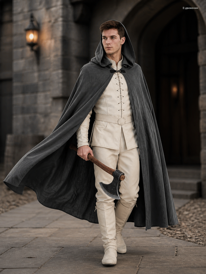 Adult Fantasy Hooded Cape, Long Dark Gray Cloak With Front Tie Closure, Wide lifestyle view 5