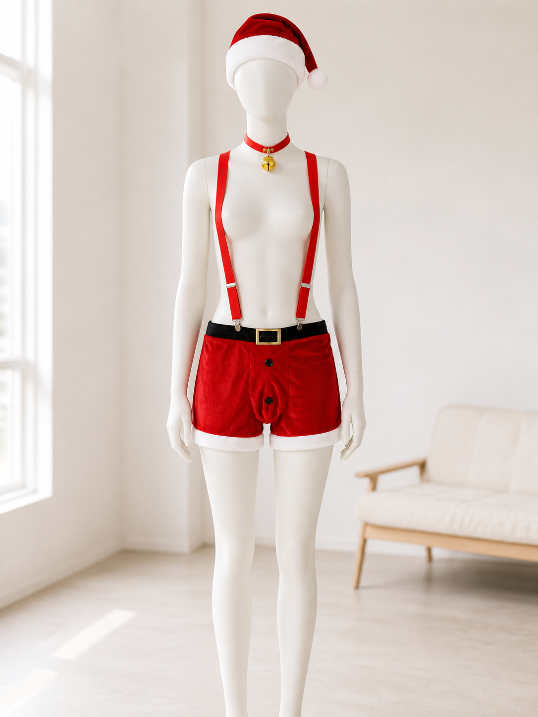 Red and White Christmas Santa Costume Set with Shorts, Suspenders, Hat, Belt lifestyle view