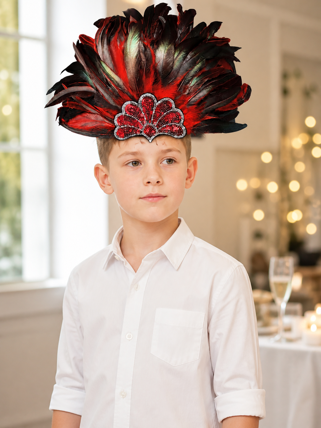 Red and black feather carnival headpiece product view 37