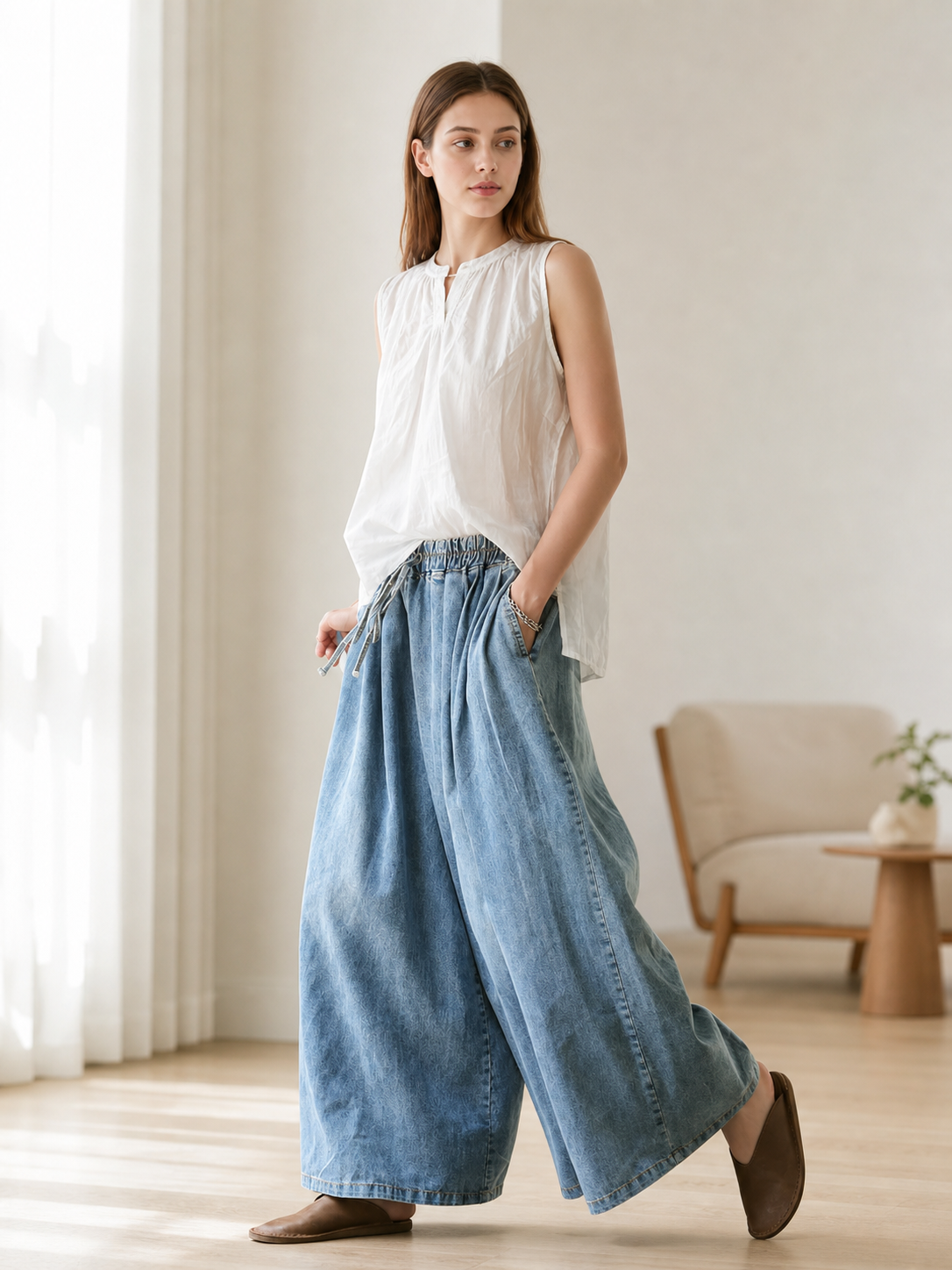 Light Blue Palazzo Pants with an Elastic Waist lifestyle view 3