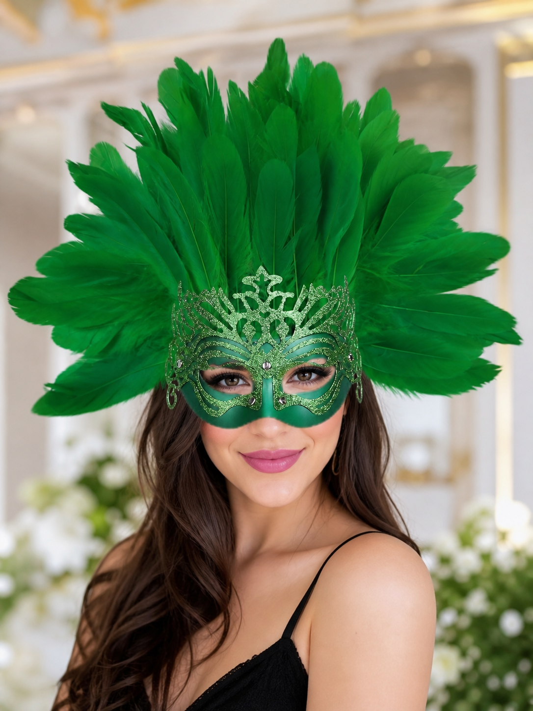 Carnival Mask with Green Feathers and Glitter