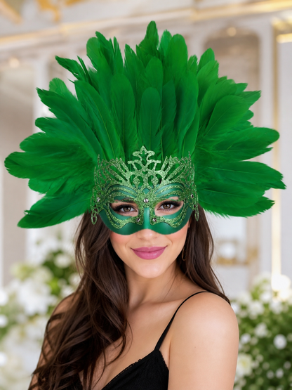 Carnival Mask with Green Feathers and Glitter