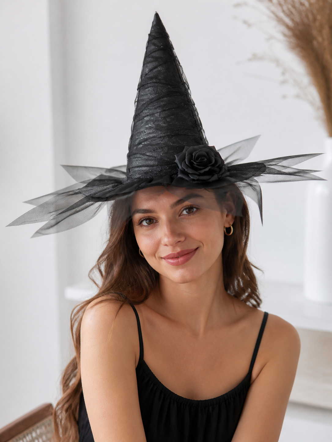 Black Halloween Witch Hat with Black Rose, Tall Pointed Wide Brim Mesh Costume Hat for Gothic Parties and Decorations