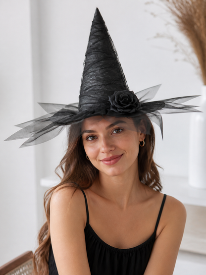 Black Halloween Witch Hat with Black Rose, Tall Pointed Wide Brim Mesh Costume Hat for Gothic Parties and Decorations