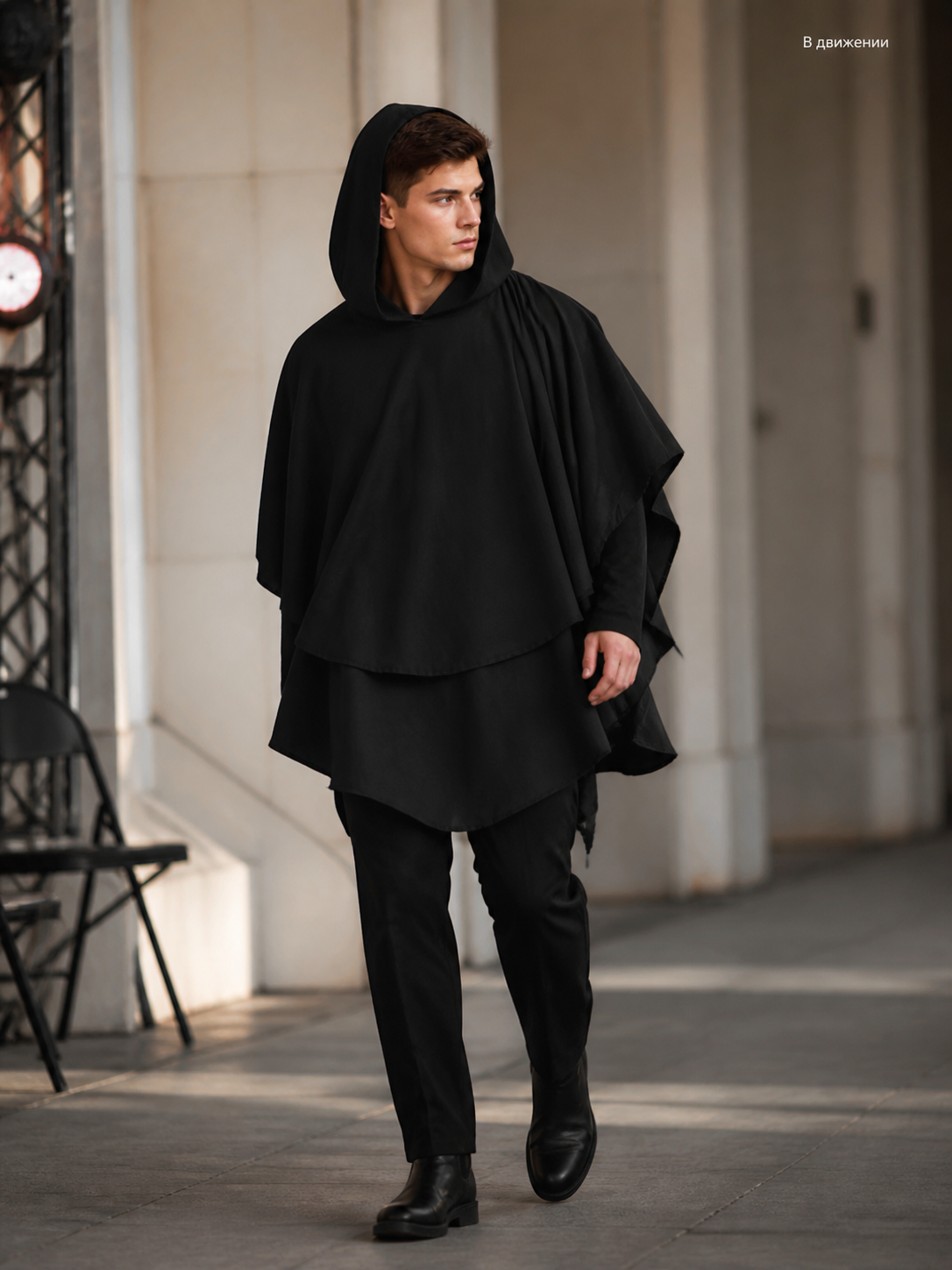 Women's Gothic Hooded Cape Cloak for Halloween Cosplay, Black Flowing Draped lifestyle view 5