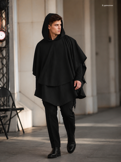 Women's Gothic Hooded Cape Cloak for Halloween Cosplay, Black Flowing Draped lifestyle view 5