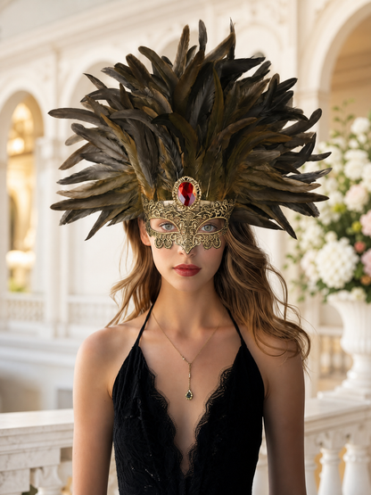 Carnival Headpiece with Mask and Feathers