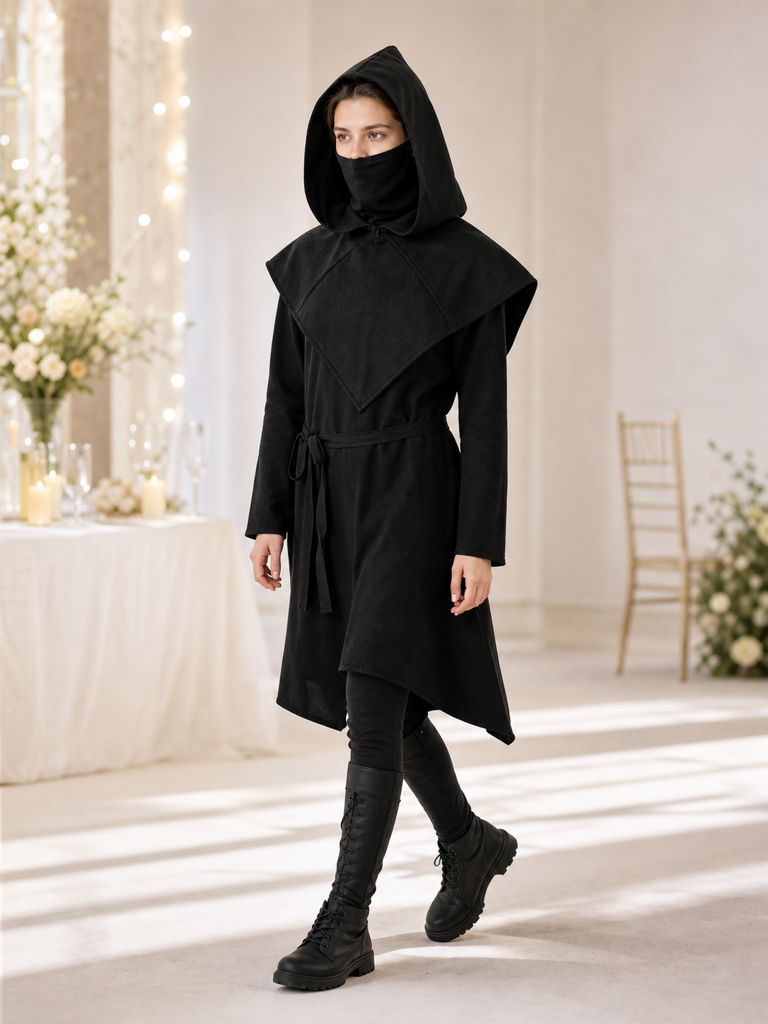 Black Carnival Cloak with Hood and Mask lifestyle view 2