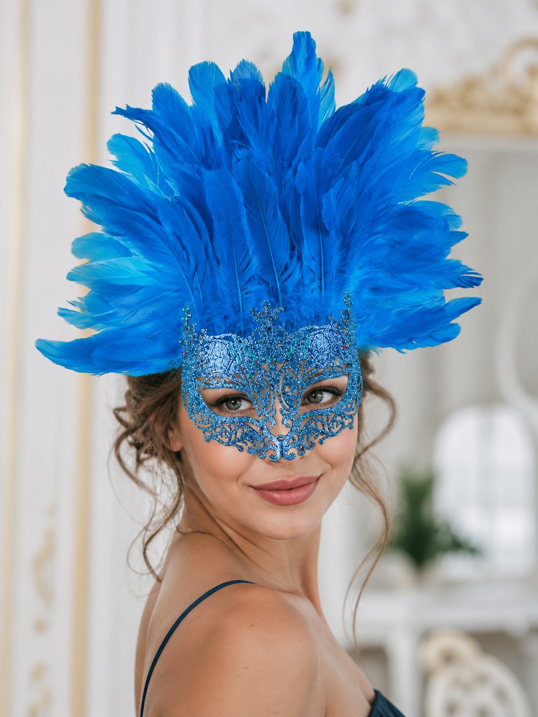 Carnival Eye Mask with Blue Feathers