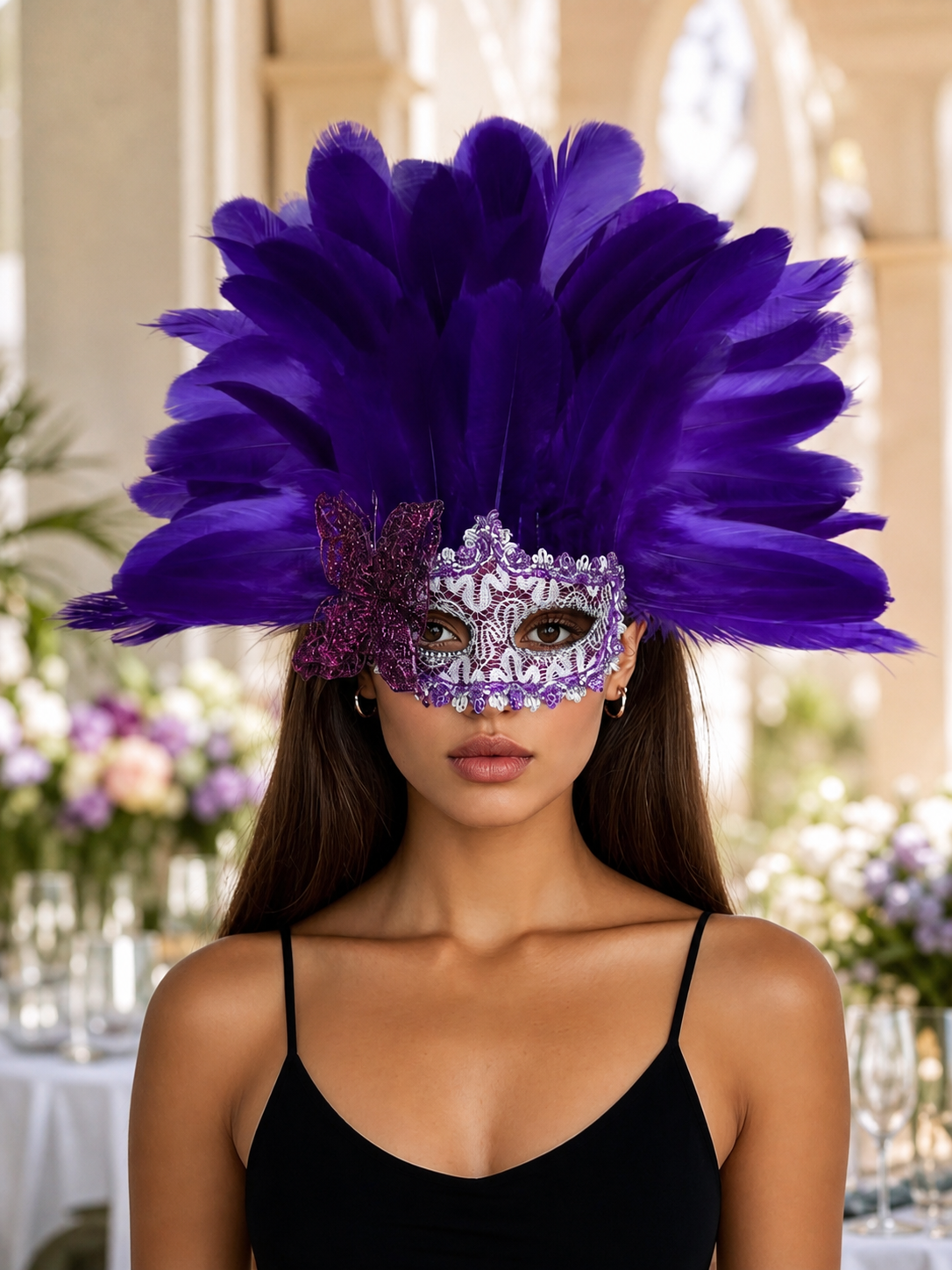 Carnival headdress with feathers and a mask
