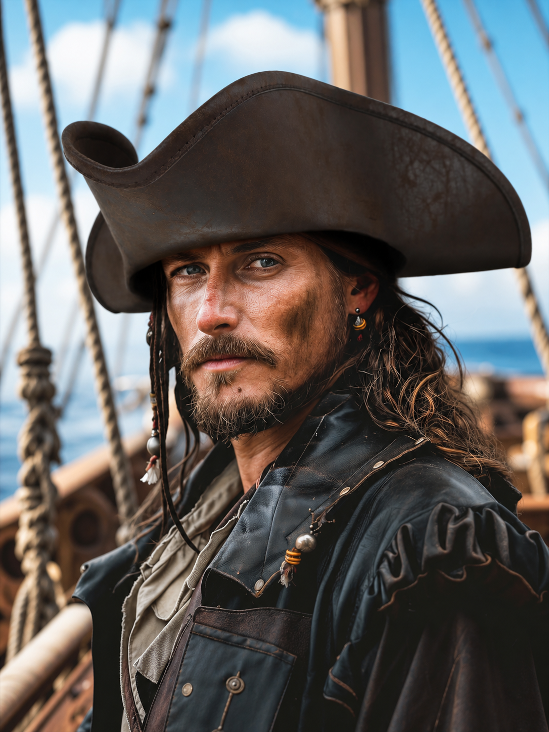 Dark Brown Tricorn Pirate Hat, Three-Cornered Structured Crown with Broad Curved Upturned Brim and Stitched Edging for Cosplay Costumes, Theatrical Performances and Fantasy Events